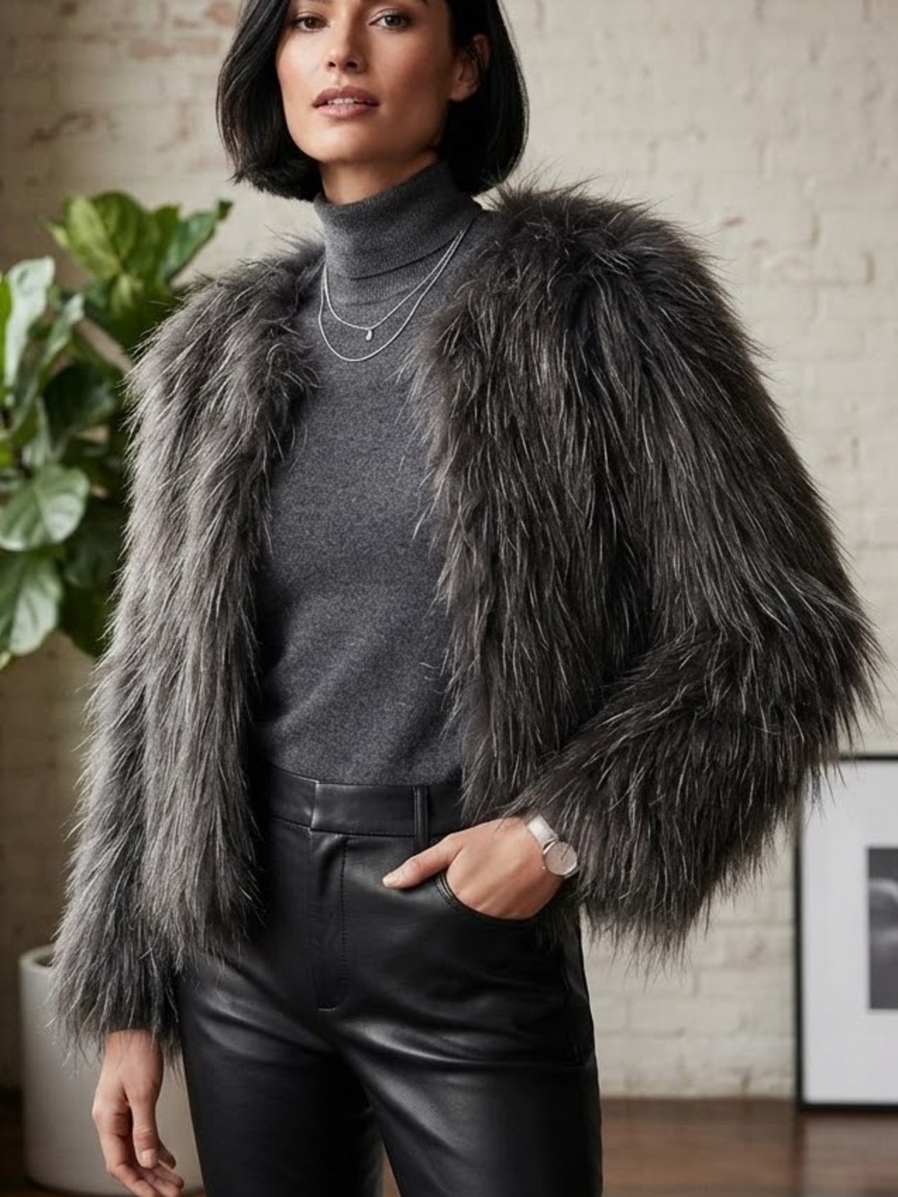 Women’s 100% Danish Imported Fox and Tanuki Fur Jacket in Charcoal Gray